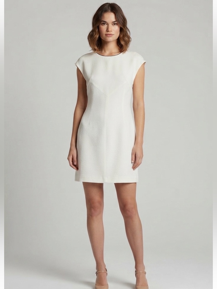 Vince White Piped Shift Dress Black Faux Leather Trim Cap Sleeve Small Pockets